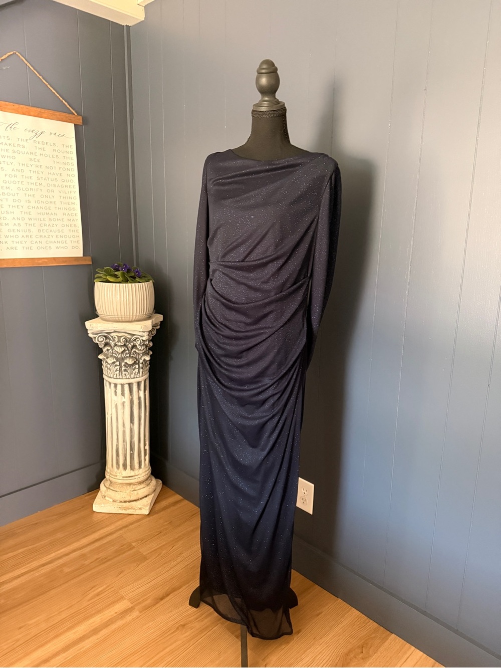 JM Collection Navy Long-Sleeve Bat Wing Ruched Evening Gown